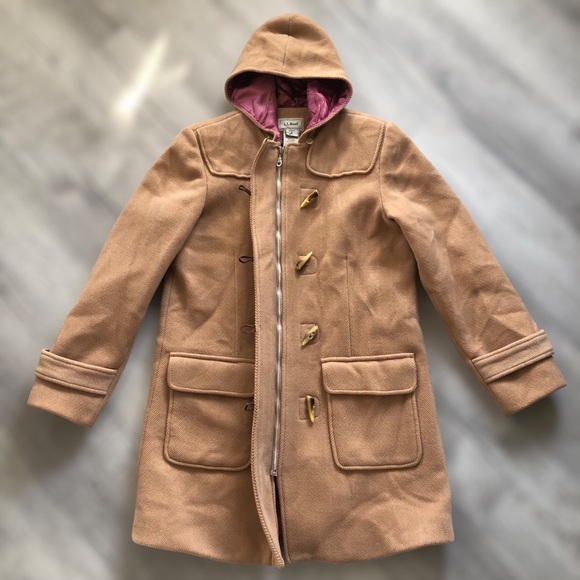 Vintage LL Bean Tan Wool Hooded Toggle Insulated Coat Size Small - Picture 4 of 12